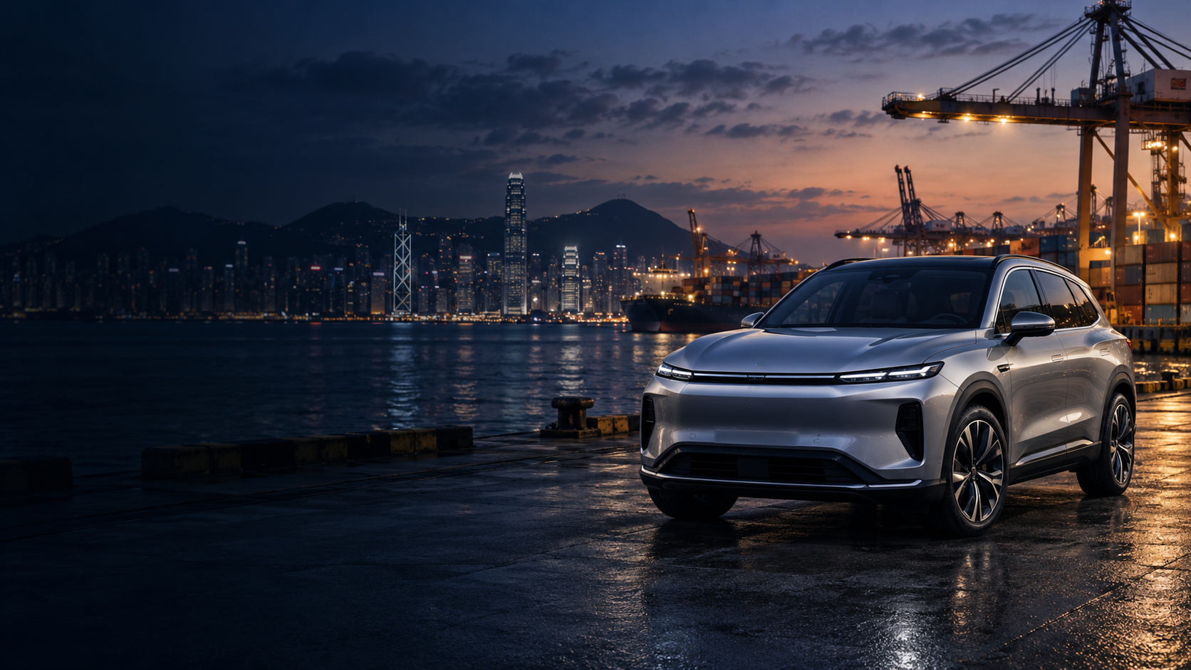 Illustrative silver SUV at a waterfront port